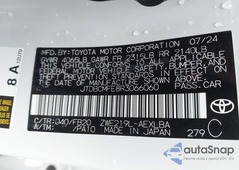 2024 Toyota Corolla Hybrid Le from USA, damaged, VIN JTDBCMFE8R3066060